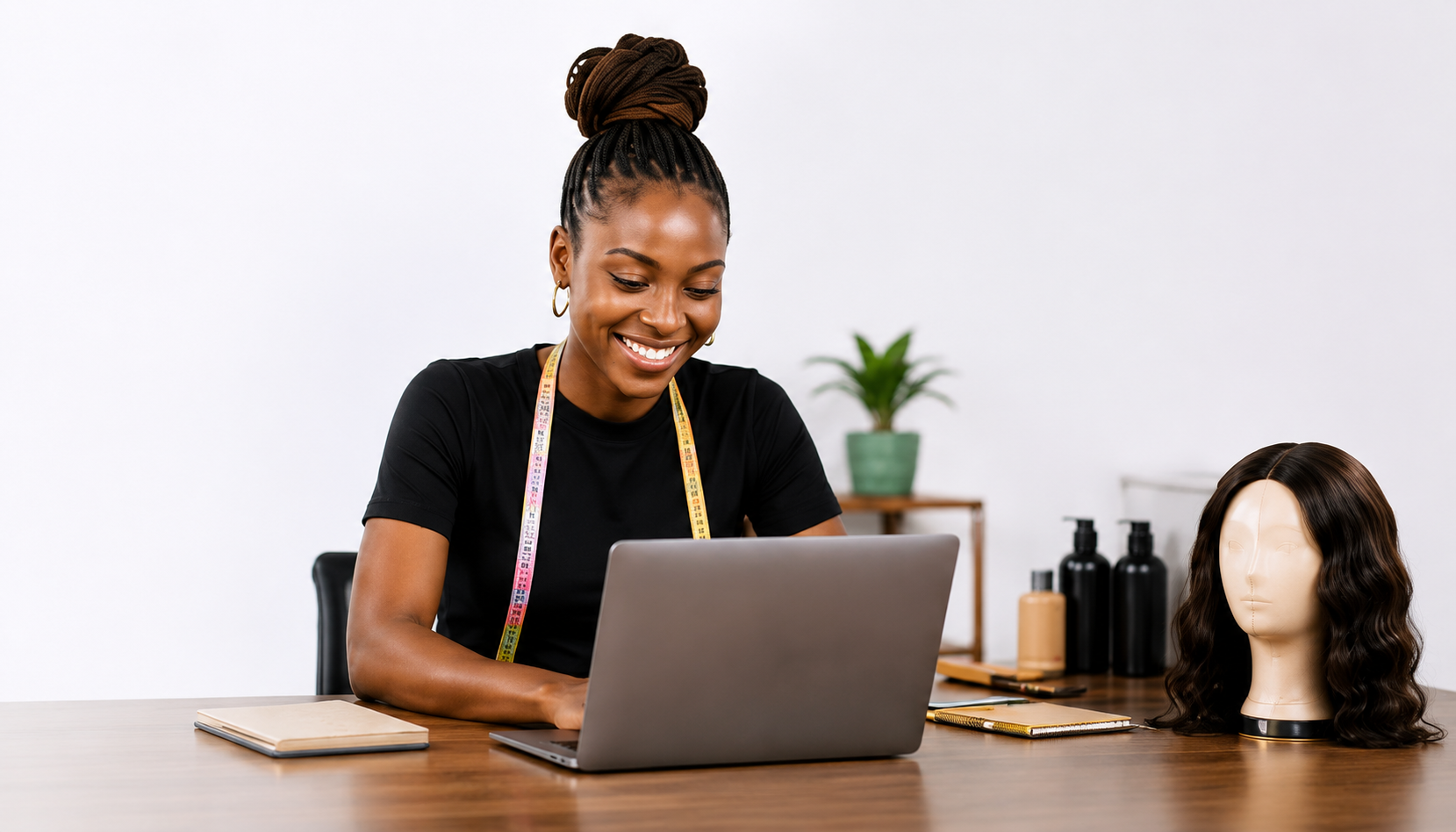 Creator working on her laptop in a salon beside a wig mannequin