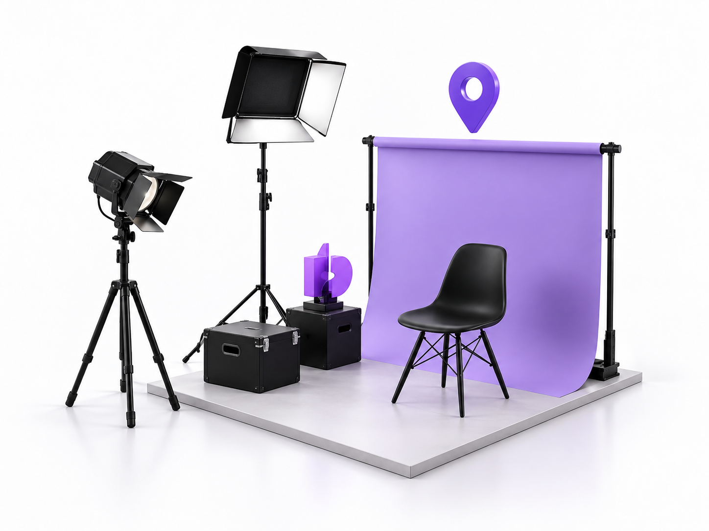 Production lights, backdrop, chair and equipment boxes with a purple location pin