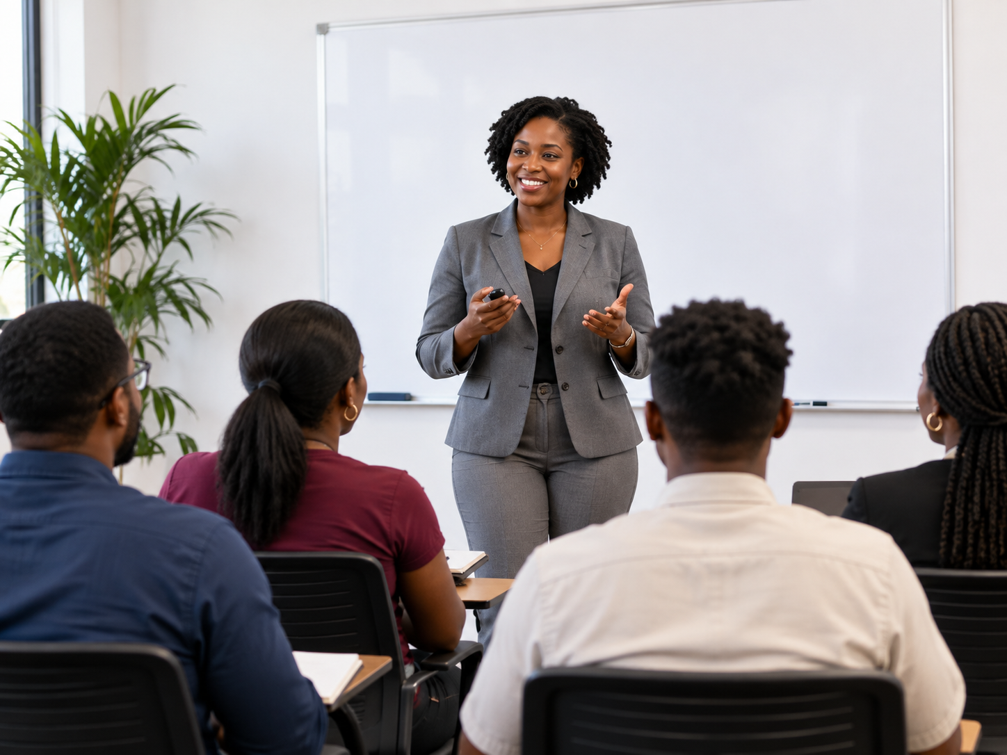 Gray-suited instructor teaching a seated classroom of creators